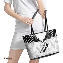 Custom New Zealand Silver Fern Football Leather Tote Bag Go Aotearoa Grunge White LT14