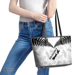 Custom New Zealand Silver Fern Football Leather Tote Bag Go Aotearoa Grunge White LT14