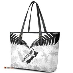 Custom New Zealand Silver Fern Football Leather Tote Bag Go Aotearoa Grunge White LT14
