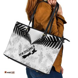 Custom New Zealand Silver Fern Football Leather Tote Bag Go Aotearoa Grunge White LT14