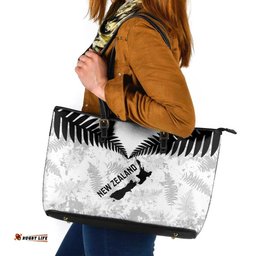 Custom New Zealand Silver Fern Football Leather Tote Bag Go Aotearoa Grunge White LT14