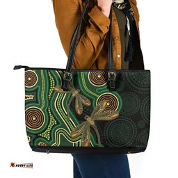 Green Indigenous Dragonfly Australia Leather Tote Bag Aboriginal Art LT14