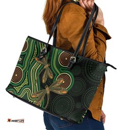 Green Indigenous Dragonfly Australia Leather Tote Bag Aboriginal Art LT14