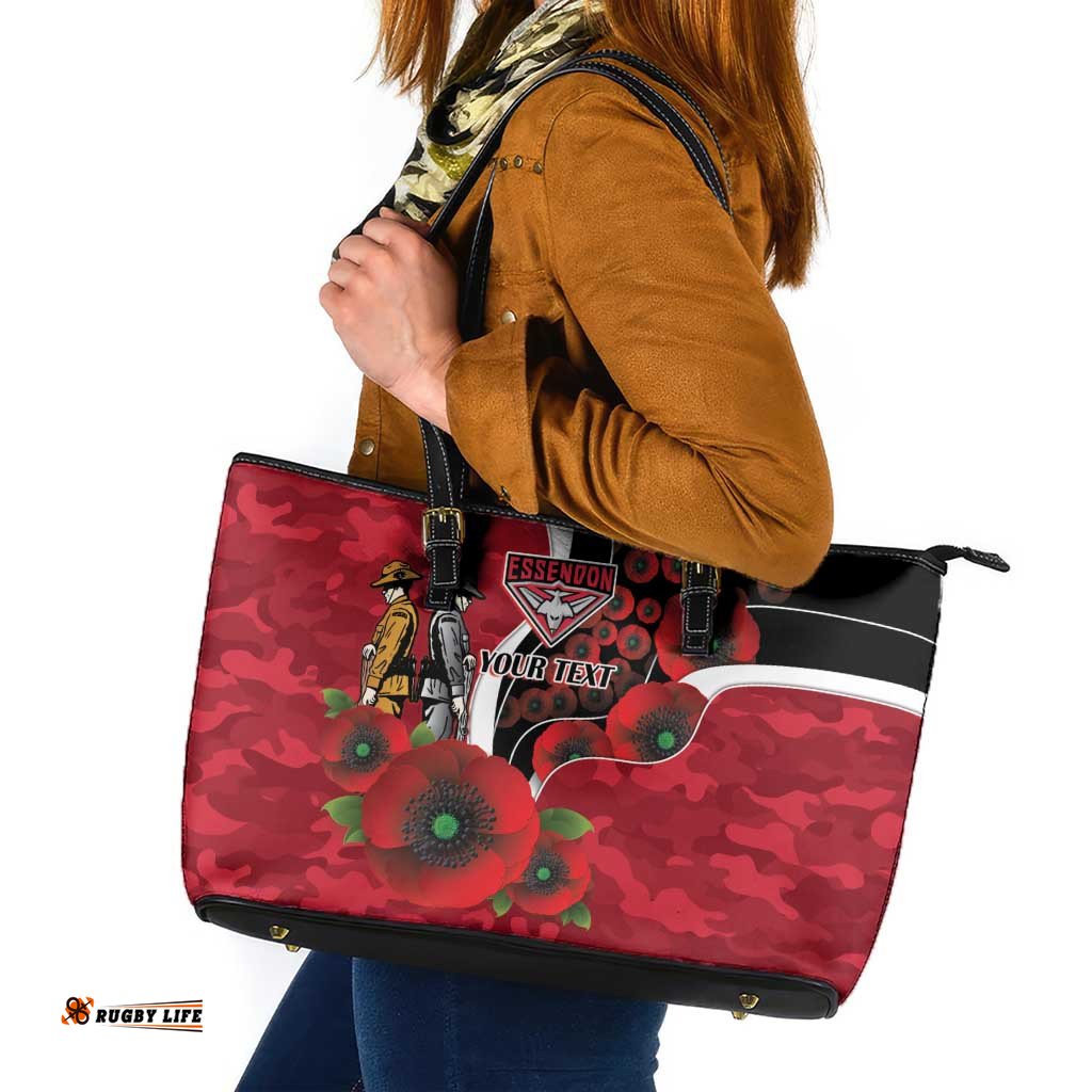 Essendon Bombers ANZAC Personalised Leather Tote Bag Lest We Forget Poppy Camo LT9
