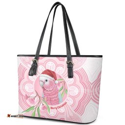 Funny Pink Galah Australia Christmas Leather Tote Bag Eucalyptus Blossoms Aboriginal Art LT14