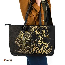Gold And Black Aoteara Horse Racing Leather Tote Bag NZ Maori Pattern LT14