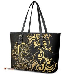 Gold And Black Aoteara Horse Racing Leather Tote Bag NZ Maori Pattern LT14