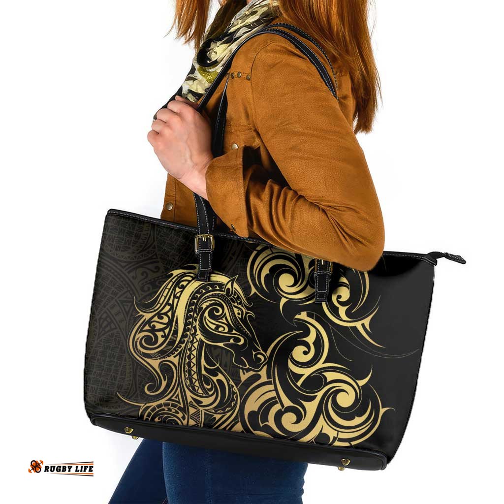 Gold And Black Aoteara Horse Racing Leather Tote Bag NZ Maori Pattern LT14