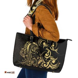 Gold And Black Aoteara Horse Racing Leather Tote Bag NZ Maori Pattern LT14