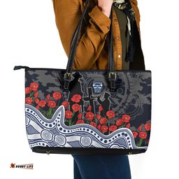 Geelong Cats ANZAC Day Leather Tote Bag Indigenous Dot Art with Poppy Flower Tribute TS04