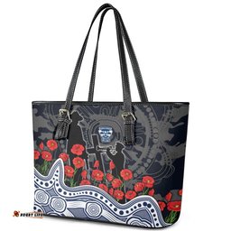 Geelong Cats ANZAC Day Leather Tote Bag Indigenous Dot Art with Poppy Flower Tribute TS04