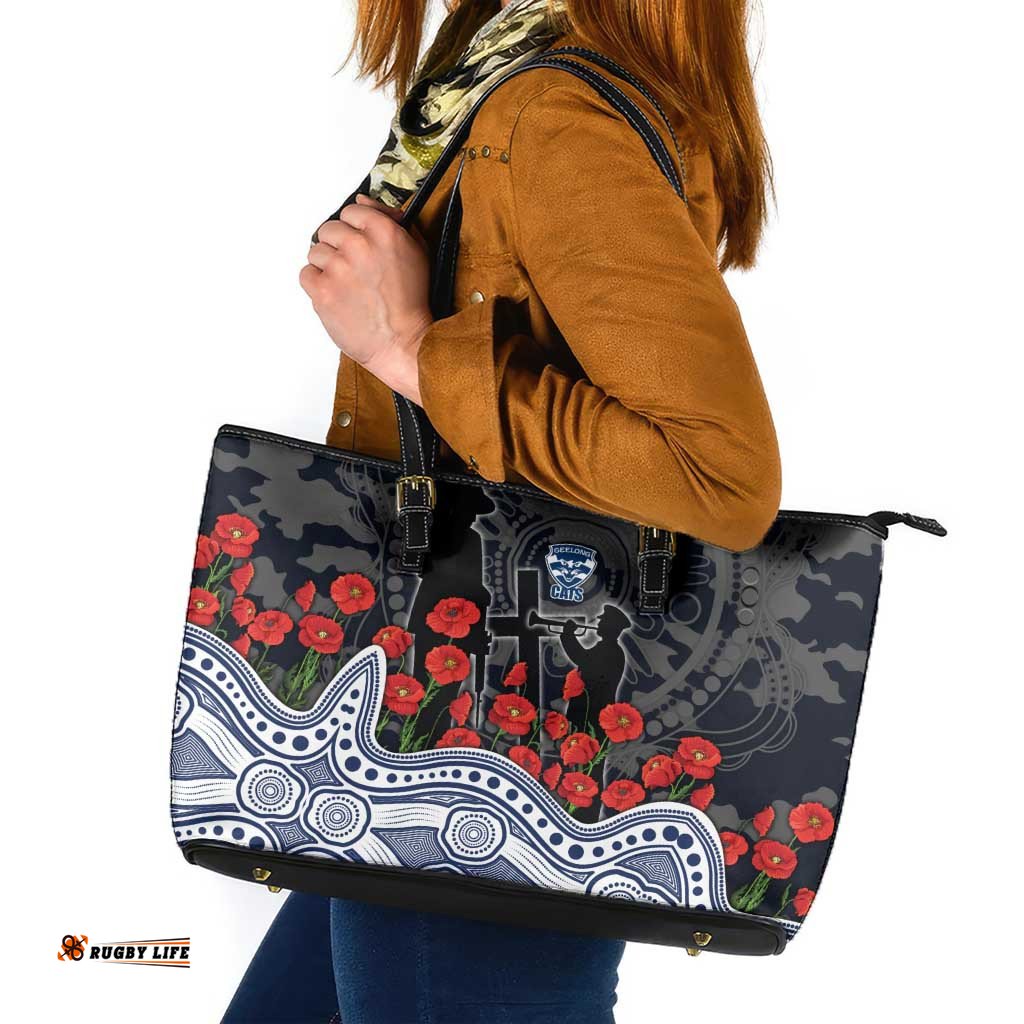 Geelong Cats ANZAC Day Leather Tote Bag Indigenous Dot Art with Poppy Flower Tribute TS04