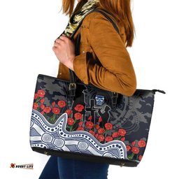 Geelong Cats ANZAC Day Leather Tote Bag Indigenous Dot Art with Poppy Flower Tribute TS04