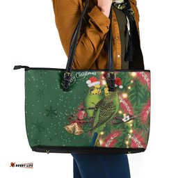Green Budgerigars on Callistemon Leather Tote Bag Merry Christmas Aussie LT7