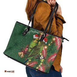 Green Budgerigars on Callistemon Leather Tote Bag Merry Christmas Aussie LT7