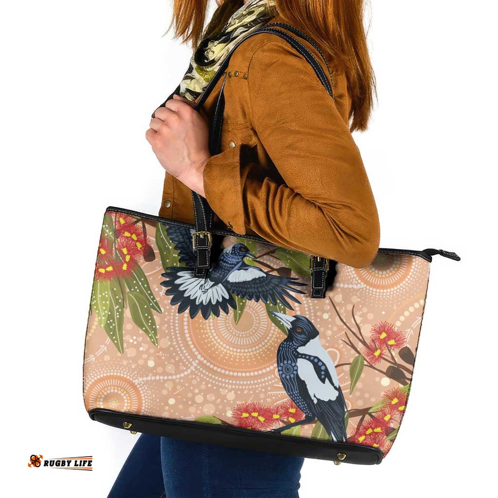 Magpies On Eucalyptus Australia Aboriginal Leather Tote Bag LT7