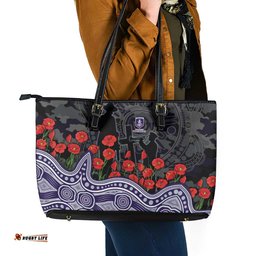 Fremantle Dockers ANZAC Day Leather Tote Bag Indigenous Dot Art with Poppy Flower Tribute TS04