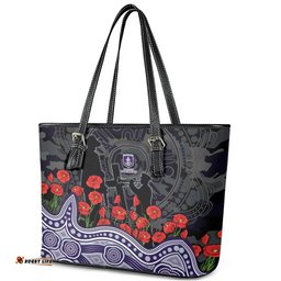 Fremantle Dockers ANZAC Day Leather Tote Bag Indigenous Dot Art with Poppy Flower Tribute TS04