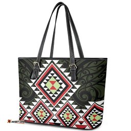 Kia Ora Aotearoa Leather Tote Bag 2025 Pasifika Maori Taniko Motifs LT14