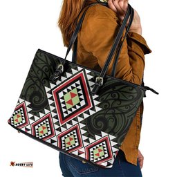 Kia Ora Aotearoa Leather Tote Bag 2025 Pasifika Maori Taniko Motifs LT14