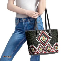 Kia Ora Aotearoa Leather Tote Bag 2025 Pasifika Maori Taniko Motifs LT14
