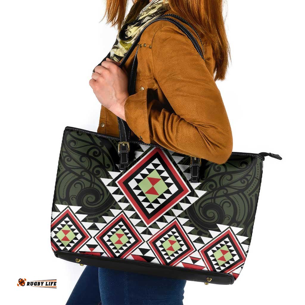 Kia Ora Aotearoa Leather Tote Bag 2025 Pasifika Maori Taniko Motifs LT14