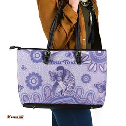 Personalised Epilepsy Awareness Leather Tote Bag Purple Ribbon Butterfly And Brain Aboriginal Art DT05
