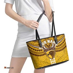 Personalized Hawthorn Hawks Leather Tote Bag Polynesian Tribal Pattern Heritage Football TS04