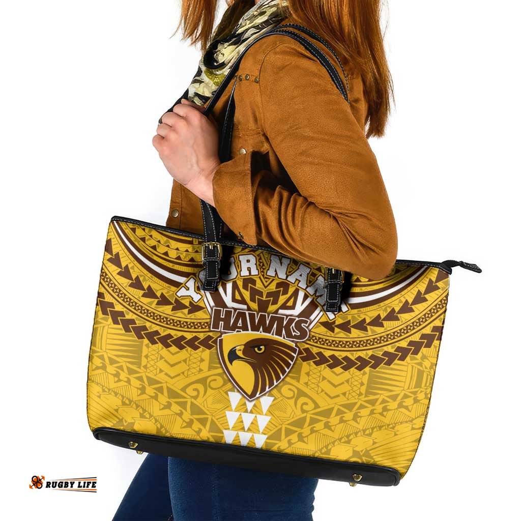 Personalized Hawthorn Hawks Leather Tote Bag Polynesian Tribal Pattern Heritage Football TS04