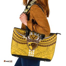 Personalized Hawthorn Hawks Leather Tote Bag Polynesian Tribal Pattern Heritage Football TS04