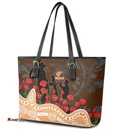 GWS Giants ANZAC Day Leather Tote Bag Indigenous Dot Art with Poppy Flower Tribute TS04
