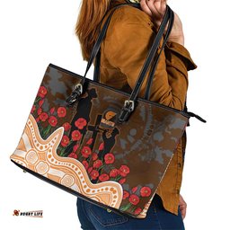 GWS Giants ANZAC Day Leather Tote Bag Indigenous Dot Art with Poppy Flower Tribute TS04