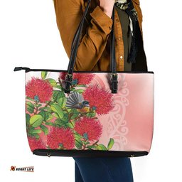 New Zealand Fantail Leather Tote Bag Maori Koru With Pohutukawa Flowers LT05