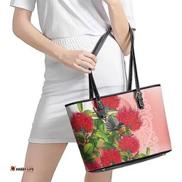 New Zealand Fantail Leather Tote Bag Maori Koru With Pohutukawa Flowers LT05