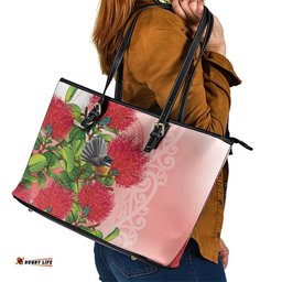 New Zealand Fantail Leather Tote Bag Maori Koru With Pohutukawa Flowers LT05