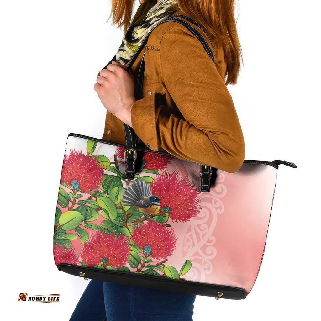 New Zealand Fantail Leather Tote Bag Maori Koru With Pohutukawa Flowers LT05