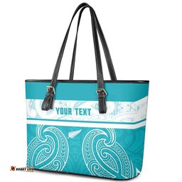 New Zealand Silver Fern Cricket Custom Leather Tote Bag Black Cap Teal Maori Pattern LT14