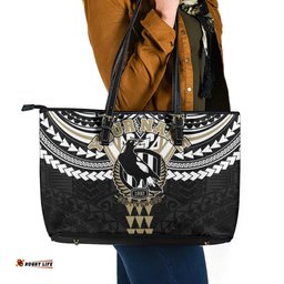 Personalized Collingwood Magpies Leather Tote Bag Polynesian Tribal Pattern Heritage Football TS04