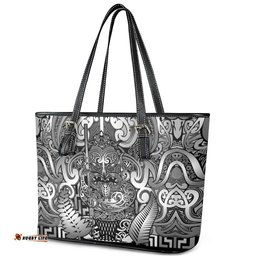 New Zealand Taiaha Maori Leather Tote Bag Kiwikiwi Minimalist Silver Fern Tukutuku Motif LT9