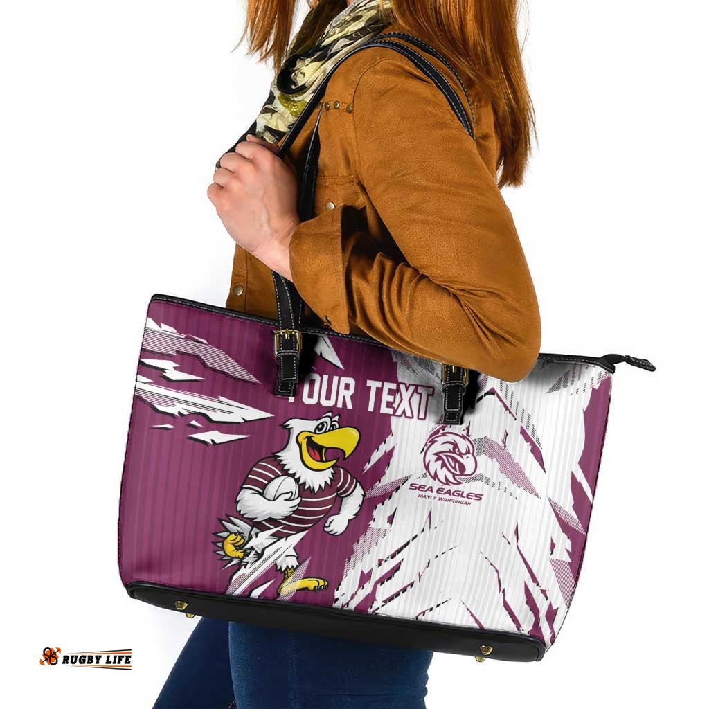 Personalized Manly Warringah Sea Eagles Leather Tote Bag Dynamic Lightning Mascot Rugby Australia TS04