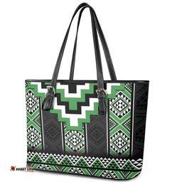Green Taniko Pattern Aotearoa Leather Tote Bag Niho Taniwha Mix Poutama LT14