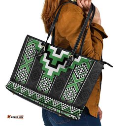 Green Taniko Pattern Aotearoa Leather Tote Bag Niho Taniwha Mix Poutama LT14