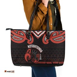 Maori Waitangi Leather Tote Bag Kotahitanga Poutama Mix Whakairo LT7