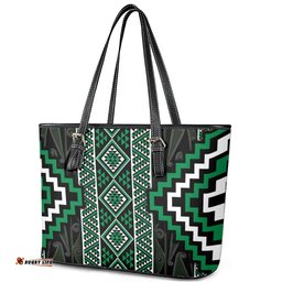 Jade Tukutuku Pattern Aotearoa Leather Tote Bag Niho Taniwha and Puhoro Motifs LT7