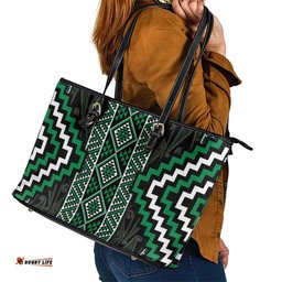 Jade Tukutuku Pattern Aotearoa Leather Tote Bag Niho Taniwha and Puhoro Motifs LT7