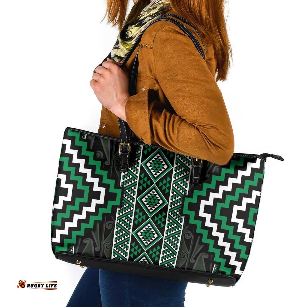 Jade Tukutuku Pattern Aotearoa Leather Tote Bag Niho Taniwha and Puhoro Motifs LT7