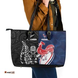France And New Zealand Rugby Leather Tote Bag Les Bleus Rooster With Maori Tiki LT05