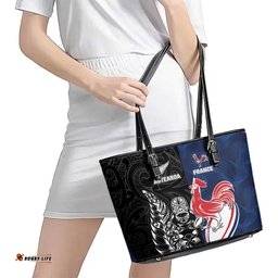 France And New Zealand Rugby Leather Tote Bag Les Bleus Rooster With Maori Tiki LT05