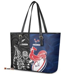 France And New Zealand Rugby Leather Tote Bag Les Bleus Rooster With Maori Tiki LT05