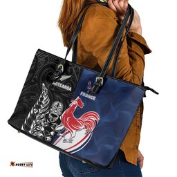 France And New Zealand Rugby Leather Tote Bag Les Bleus Rooster With Maori Tiki LT05